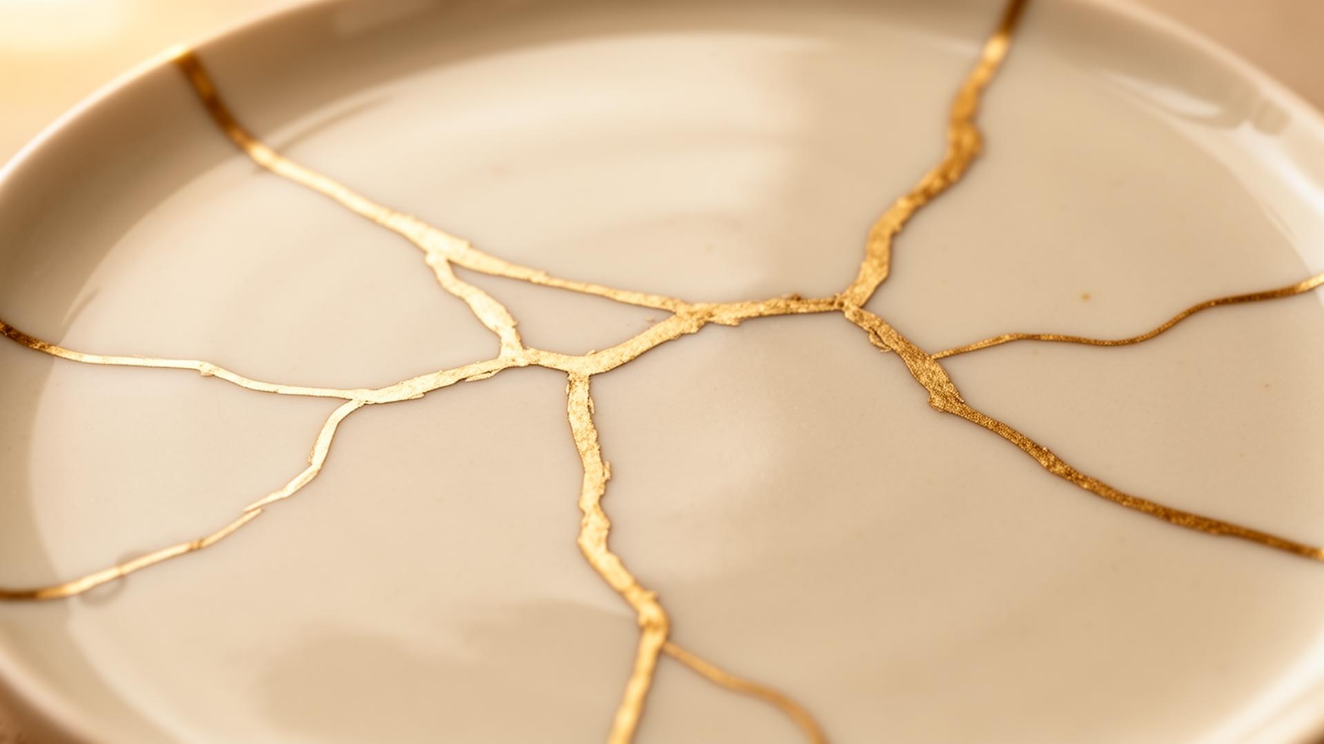 Kintsugi gold cracks on cream ceramic